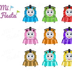 May include: Set of ten cartoon train engine illustrations. Each engine has a different colour and a friendly face. The text "Mi Fiesta" is at the top of the image.