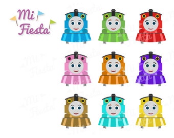 Happy Trains Clipart set for kids birthdays Instant Digital Download 9 colors