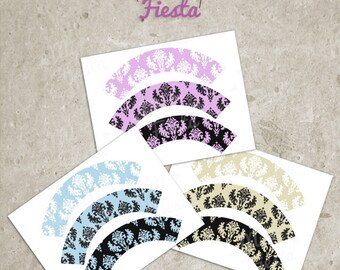 Printable DIY  Damask Cupcake Wrappers 3 colors 3 combinations, blue, pink and beige Instant Download wedding, sweet 16 or quinceañera party