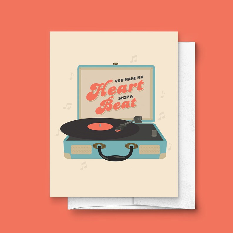 You Make My Heart Skip A Beat Valentine's Day Greeting Card Vintage, Record, Hippies, Music Lover, 80s, 70s, For Him, For Her, Anniversary image 1