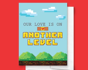 Our Love Is On Another Level | Gamer Valentines  or Anniversary Day Greeting Card with Envelope | Nerd Zelda Video Game Cute Love Mario