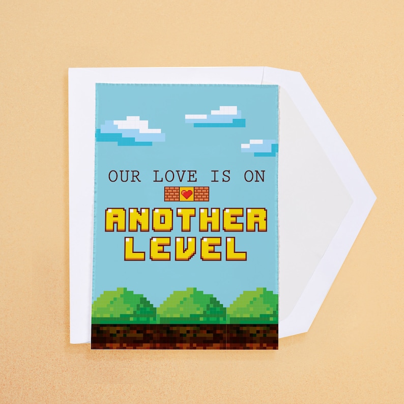 Our Love Is On Another Level Gamer Valentines or Anniversary Day Greeting Card with Envelope Nerd Zelda Video Game Cute Love Mario image 2