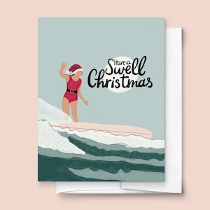 Tenha um Natal do inchamento, cartão de <br> Entrega Rápida? Surfista, Surf Girl, Presente de Natal para Ela, Aquarela, Ilustração do Papai Noel, Costa Oeste, Presente Hippie