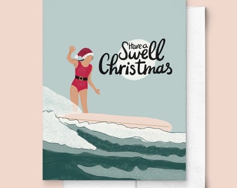 Have A Swell Christmas, Greeting Card | Surfer, Surf Girl, Holiday Gift For Her, Watercolor, Santa Illustration, West Coast, Hippie Gift