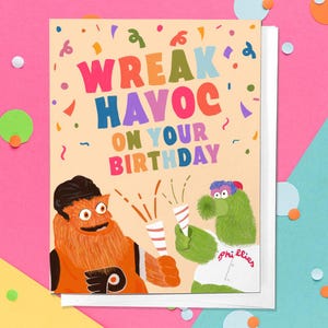 Breng schade aan op je verjaardagswenskaart | Verjaardag, Vriendschap, Grappig, Liefde, Philadelphia, Gritty, Phanatic, Philadelphia Sports