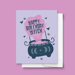 Joyeux anniversaire Sorcière, carte de vœux pliée | Cadeau pour elle, pour Wiccan, pour sorcières, chaudron, boho, branché, fête, félicitations effrayantes