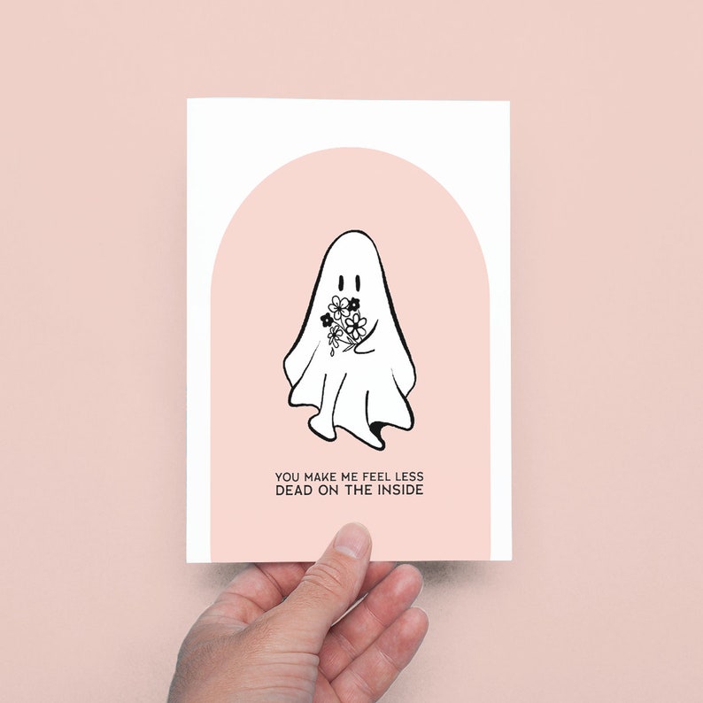 You Make Me Feel Less Dead on the Inside Valentine's Day Greeting Card Stationery, Funny, Love, Ghost, Flowers, GenZ image 2