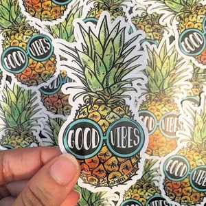 Good Vibes Pineapple Sticker surfer, boho, cute, teen, gift, accessory Watercolor, Hipster, Glasses, Design, Custom, Typography image 2