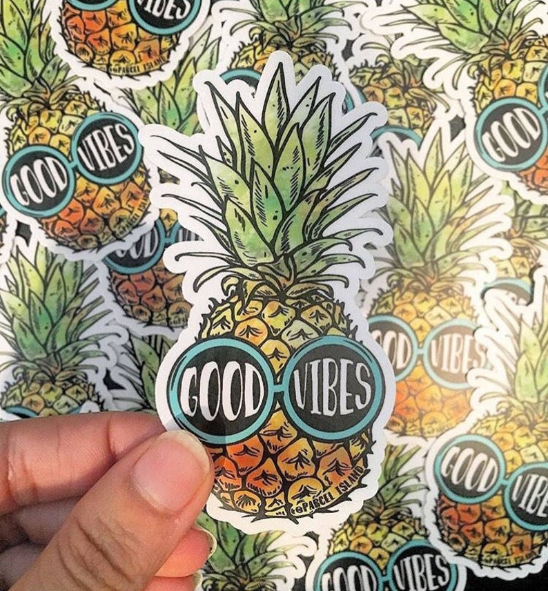 Good Vibes Pineapple Sticker surfer, boho, cute, teen, gift, accessory Watercolor, Hipster, Glasses, Design, Custom, Typography image 2