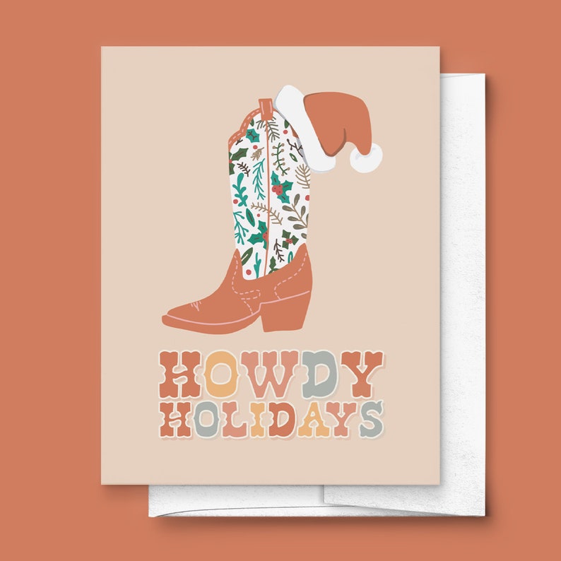 Have A Howdy Holiday, Christmas Greeting Card Hippie, 70s, Retro, Cowboy, Boots Holiday, Gender Neutral, For Her, For Him, For Families image 1