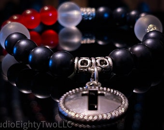 Black, Red, and Clear Beads With Silver Cross Charm Beaded Bracelet