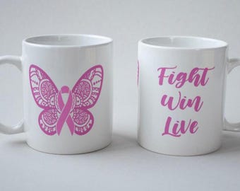 Fight Win Live Pink Butterfly Breast Cancer Awareness Ribbon Mug