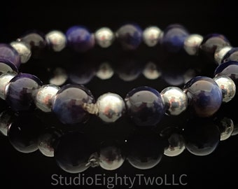 Purple Galaxy Tigers Eye and Silver Bead Stretch Bracelet