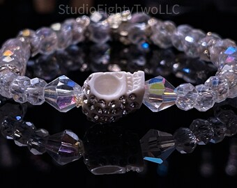 Clear Crystal Beads with Rhinestone Skull Beaded Stretch Bracelet