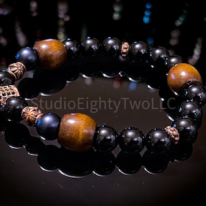 Black And Wood Bead With Crown Bracelet