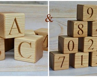 26 Wood English Alphabet Blocks and 10 Numbered Wooden Blocks 0-9, ABC and Number Blocks, Baby Shower Gift Educational Toy