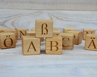 30 Wooden German Alphabet Letter Blocks, Handmade ABC Blocks, Wood Letter Cubes, Natural Building Blocks, Birthday Gift Idea Christmas