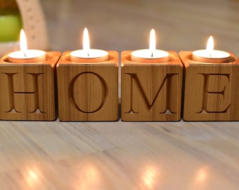 Set of 4 Wood Candle Holder Wood Blocks Home Decor Tealight Rustic Candle Stick Holder Letters Engraved Advent Candle Holder Christmas Decor