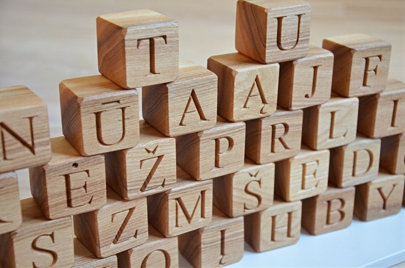 32 Lithuanian Wood Alphabet Blocks ABC Wood Letter Blocks Learning Wood Toy Personalized Blocks Baby Shower or Birthday Gift image 3