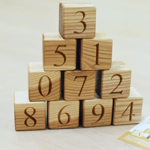 1.6&#39;&#39; Wood Number Blocks, 10 Natural Handmade Wooden Building Blocks Numbered 0 to 9, Wooden Number Block, Christmas Baby Shower Gift