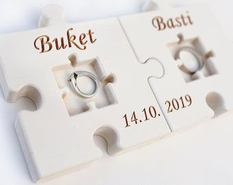 Personalized Wood Wedding Ring Bearer Pillow Puzzle White Wedding Ring Holder Wood Puzzle Ring Bearer Rustic Wedding Decor