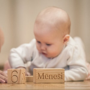 Wood Baby Age Blocks in Latvian for Baby Shower New Baby Birthday Gift Idea Photo Props Nursery Decor and Maternity Blocks