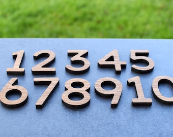 May include: Wooden numbers 1 through 10 arranged on a dark blue surface. The numbers are in a serif font and have a natural wood grain finish. The background is a blurred green.
