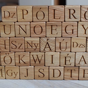 44 Hungarian Alphabet Wooden Blocks, Toy Blocks with Hungarian Letters Engraved, Personalized Hungary Letter Cubes Christmas Gift idea