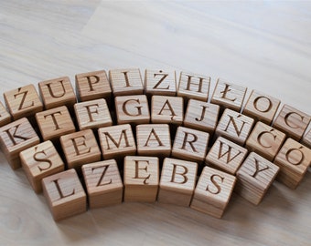 32 Polish Wood Alphabet Blocks ABC Wood Letter Blocks Learning Wood Toy Personalized Blocks Baby Shower or Birthday Gift