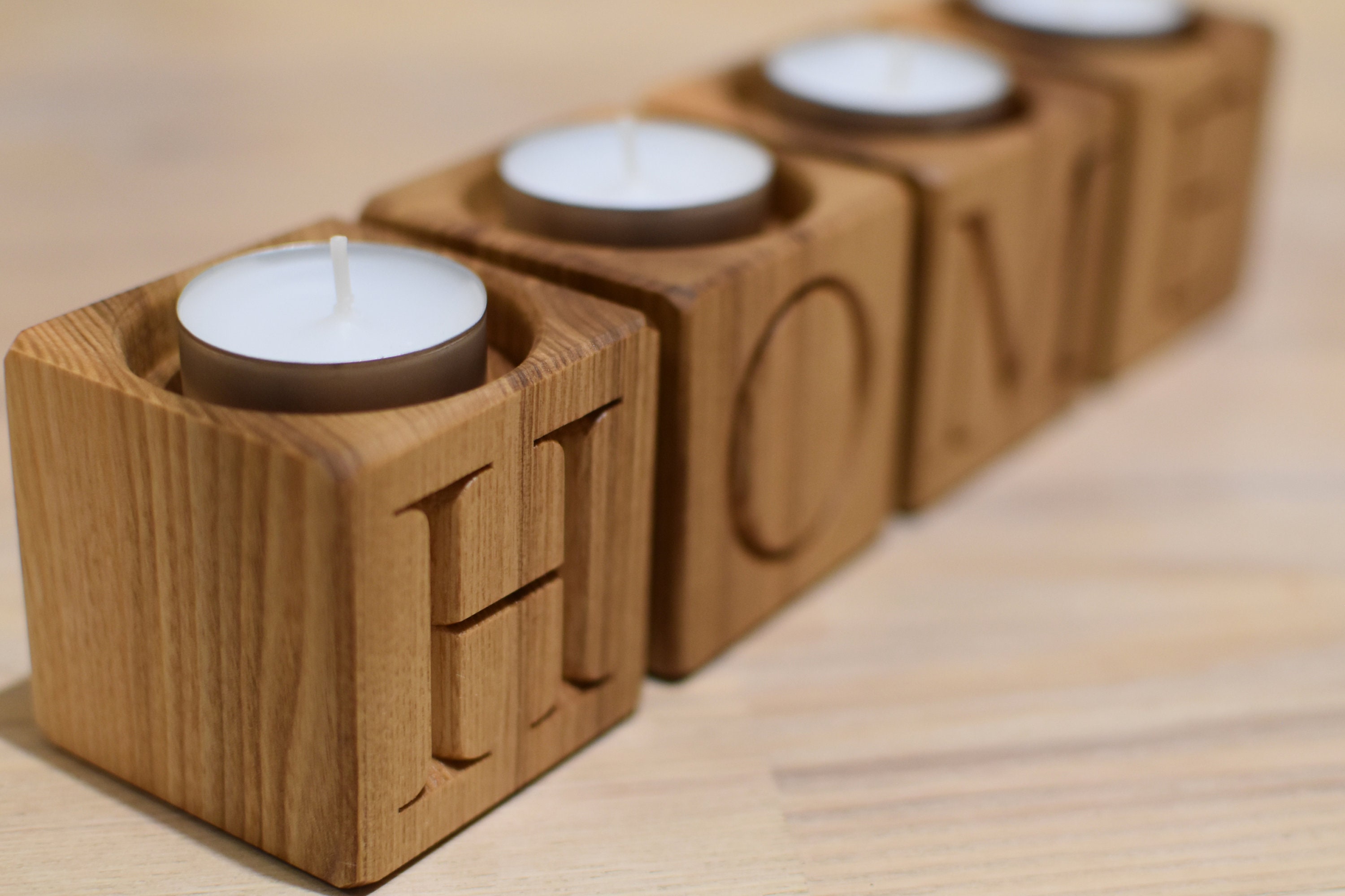 Set of 4 Wood Candle Holder Wood Blocks Home Decor Tealight Etsy