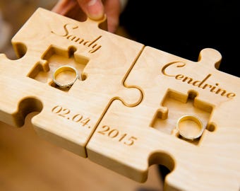 Almohada de madera personalizada para portadores de anillos de boda, soporte para anillos de boda rústicos, portador de anillos de rompecabezas de madera, decoración de bodas rústica