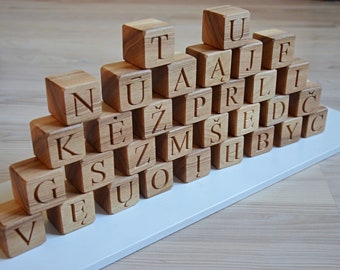 32 Lithuanian Wood Alphabet Blocks ABC Wood Letter Blocks Learning Wood Toy Personalized Blocks Baby Shower or Birthday Gift