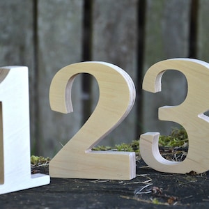 Peut inclure: Trois chiffres en bois, 1, 2 et 3, sont dispos&eacute;s en rang&eacute;e sur une surface en bois. Les chiffres sont en bois clair et ont un aspect l&eacute;g&egrave;rement vieilli.