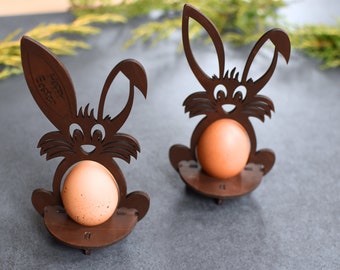 Wood Easter Egg Stand Wood Rabbit Bunny Egg Holder Basket Personalized Easter Table Decor Laser Brown