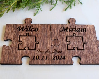 Puzzle Save the Date Magnet Engagement Ceremony Cards, Wedding Announcements Wood Cards, Puzzle Magnet, Rustic wedding Save the Date Brown