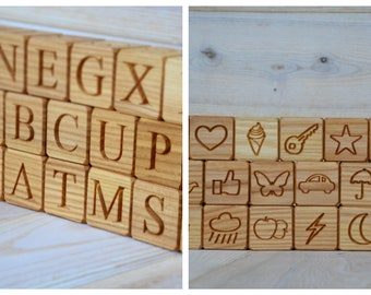 2 in 1! Wood English Alphabet Blocks Pictures Engraved ABC Wood Block Learning Toy Letter Blocks Back To School Baby Shower Christmas Gift
