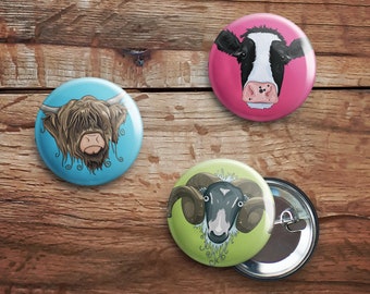 Moo Cow and Friends Pin Badges - 38mm Cute Individual Animal Button Badges, Ram, Cow, Highland Cow, Vegan Farm Animal Badge Gift Set