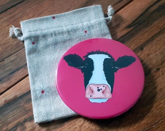 Moo Cow Pocket Mirror - 76mm Cute Animal Compact Mirror for Handbag / Pocket, Cow, Animal Gift, Bright Pink Pop Art Cow Mirror