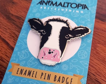 Moo Cow Enamel Pin Badge - Hard Silver Enamel Friesian Cow Badge, Black and White Cow Lapel Pin, Cute Cow Gift, Cow Lovers Gift