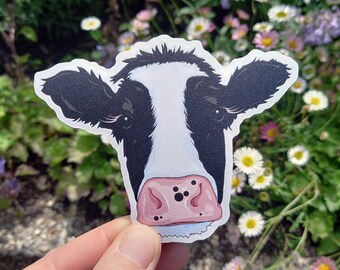 Moo Cow Sticker - Cute Farm Animal Vegan Eco Sticker, Cow Waterbottle Stickers, Cow Window Sticker, Black White Fresian Cow Laptop Decal