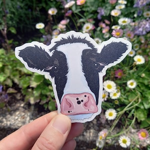 K&ouml;nnte beinhalten: Ein schwarz-wei&szlig;er Kuh-Aufkleber mit einer rosa Nase und schwarzen Flecken. Der Aufkleber ist auf wei&szlig;em Hintergrund.