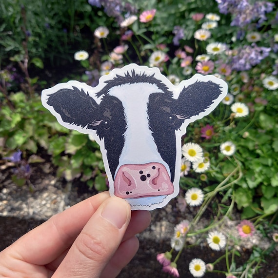 Moo Cow Sticker - Cute Farm Animal Vegan Eco Sticker, Cow Waterbottle Stickers, Cow Window Sticker, Black White Fresian Cow Laptop Decal