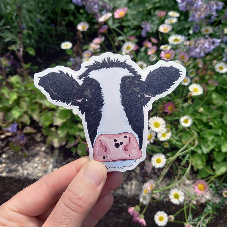 Moo Cow Sticker Cute Farm Animal Vegan Eco Sticker, Cow Waterbottle Stickers, Cow Window Sticker, Black White Fresian Cow Laptop Decal Eco Matte Effect