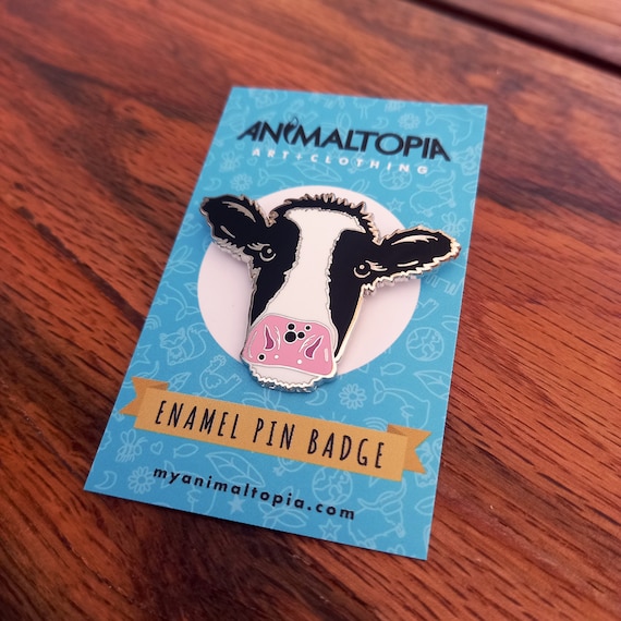 Moo Cow Enamel Pin Badge - Hard Silver Enamel Friesian Cow Badge 