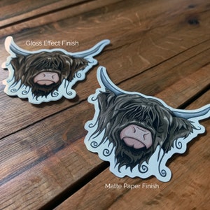 May include: Two Highland Cow stickers, one with a glossy finish and one with a matte paper finish. Both stickers feature a brown and white Highland Cow with curly horns.