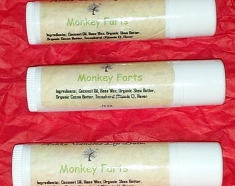 MONKEY FARTS Lip Balm! Fruity Lip balm, Juicy Fruit Lip Balm, coconut oil lip balm, natural lip balm, banana lip balm, shea butter, beeswax