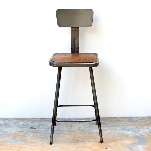 vintage industrial stool mid century shop stool wood metal chair lab chair steel stool bar stool industrial furniture artist chair man stool