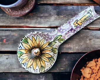 Sunflower ceramic spoon rest, italian pottery art, handmade spoon holder, tuscan spoon rest, cooking kitchen tool, hand painted spoon rest