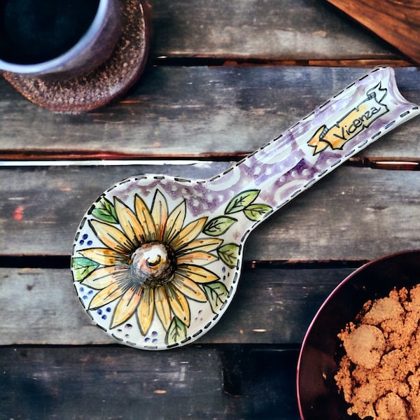 Sunflower ceramic spoon rest, italian pottery art, handmade spoon holder, tuscan spoon rest, cooking kitchen tool, hand painted spoon rest