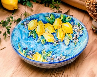 Large Salad Bowl with Amalfi Lemons, Ceramic Pasta Bowl Made in Italy, Artistic Ceramics in Tuscan Style for Cooking Gift